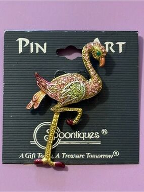 New Jeweled Flamingo Brooch - Pink & Gold